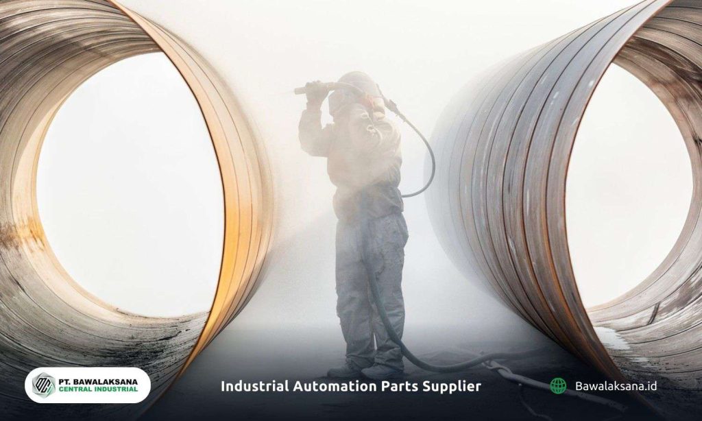 Sandblasting large-diameter pipes to remove surface contaminants. An operator uses a pneumatically powered sand blaster to remove scale from a large iron pipe.